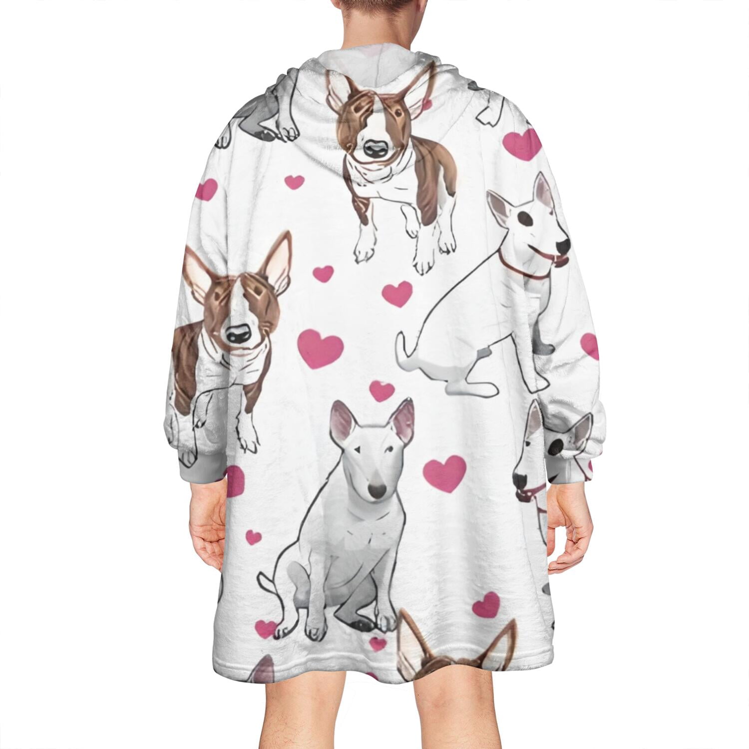 Wearable Oversized Blanket,Bull Terriers and Hearts Wearable Blanket Hoodie for Adults,Cozy Hooded Blankets with Super Pockets,Super Warm Fuzzy Pullover for Women & Men