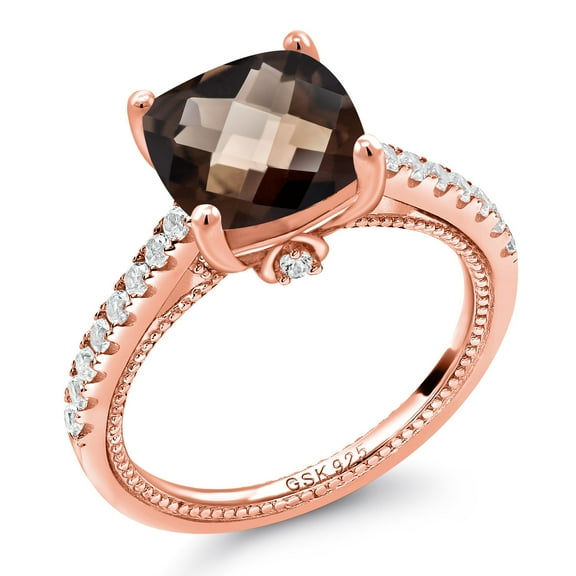Gem Stone King 18K Rose Gold Plated Silver Cushion Checkerboard Brown Smoky Quartz and White Created Sapphire Ring for Women (4.12 Cttw, Gemstone Birthstone, Size 8)