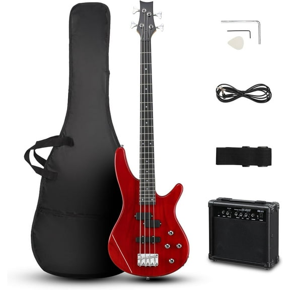 BOBOKY Electric Bass Guitar 4 String Bass Wood Body with 20 Watt Amplifier PJ Pickups Rosewood Fretboard for Beginners Adults Full Starter Kit Gig Bag Strap Cable. Red