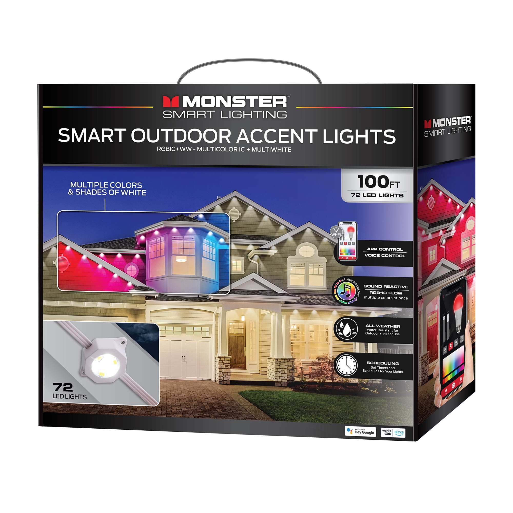 Monster 100 ft Permanent Outdoor Lights Smart   – 72 RGBIC LEDs, Multi-White & Full Color, All-Weather Waterproof, App & Voice Control – Holiday & Year-Round Outdoor String Lighting