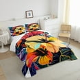 thumbnail image 3 of Red Yellow Morning Glory Comforter Set King Chic Floral Bedding Set,Retro Flower Duvet Insert Green Leaves Bed Set Tropical Plant Quilted Comforter Vintage Old Fashion,3pcs, 3 of 5
