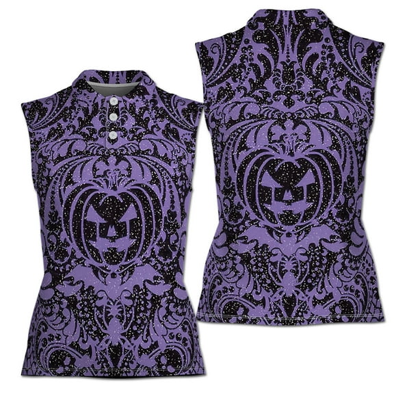 Purple Halloween Pumpkin Women's Sleeveless Polo Shirt XS-4XL