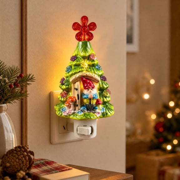 Ceramic Christmas Tree Plug In Night Light with Gnome Holiday Scene and Multicolor Bulb Details, Festive Wall Outlet Lamp for Bedroom, Hallway, Kitchen and Seasonal Decor