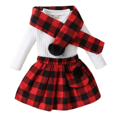 

Toddler Girls Long Sleeve Solid Colour Ribbed Tops Plaid Skirt Scarf Three Piece Outfits Set for Kids Clothes Juniors Clothes for Teen Girls Baby Girl Baby Clothes New Photo Prop Crib Outfits for