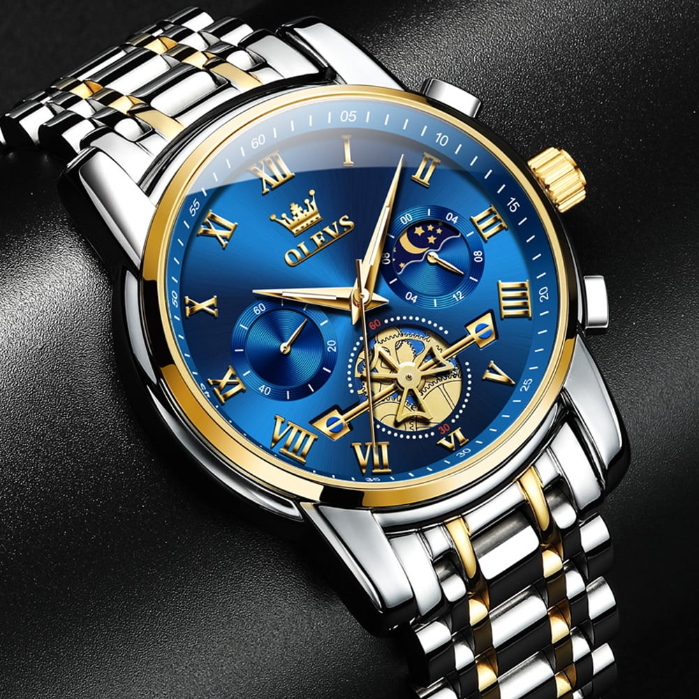 OLEVS Mens Watches Chronograph Business Dress Quartz Stainless Steel Waterproof Luminous Date Wrist Watch For Men Blue Dial