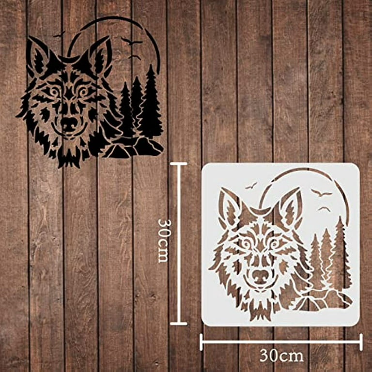 Wolf Stencils Template 11.8x11.8inch Plastic Forest Mountain Moon Drawing Painting Stencils Square Reusable Stencils for Painting on Wood Floor Wall