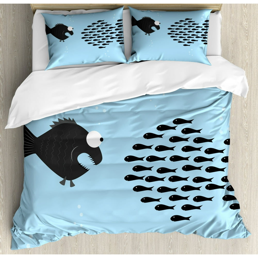 Fish Duvet Cover Set, Little Fishes United to Fight with Big Fish Theme
