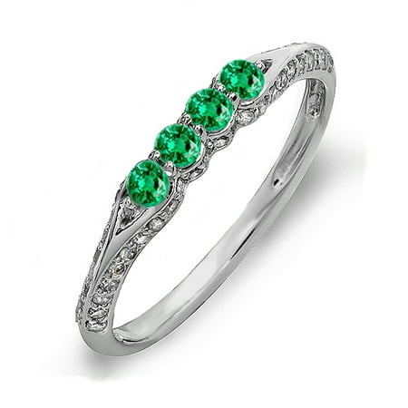 10K White Gold Round Green Emerald And White Diamond Ladies Anniversary Wedding Band Stackable Ring