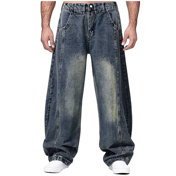 Npasoilc Plus Size Baggy Denim Pants for Men Elastic Waist Casual Jeans with Zipper and Button Relaxed Fit Straight Leg Jeans