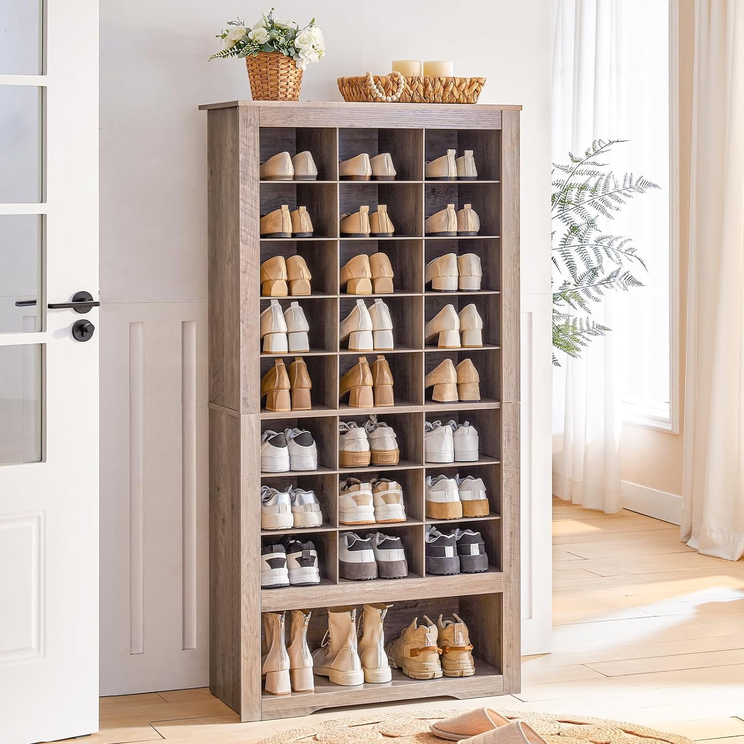 HOOBRO Shoe Cabinet 8-Tier Heavy Duty Shoe Rack with 24 Cubbies and 3 Hooks Entryway Closet Living Room Gray BG24SC01
