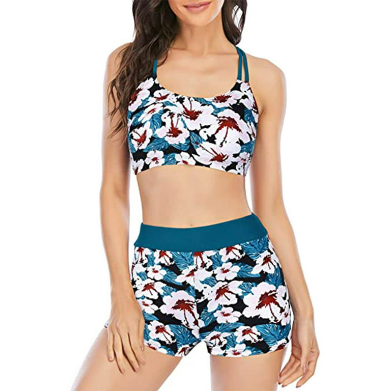 VEKDONE Tankini Tops with Shorts for Women Two Piece Swimsuit 2024 Hawaiian  Bohemian Tummy Control Bathing Suits Swimwear Light Blue,S
