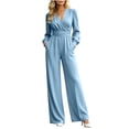 thumbnail image 2 of Sunnin Womens Jumpsuit Solid Color V Neck Long Sleeve Zip Pleated Waist Wide Leg Lounge Wear, 2 of 6