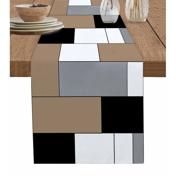 ERUNPONLY Brown Grey Table Runner - 60 Inch Long Modern Brown Geometric Cotton and Linen Blended Dress Scarves Farmhouse Table Runner for Kitchen Dining, Coffee Table, 13" x 60"