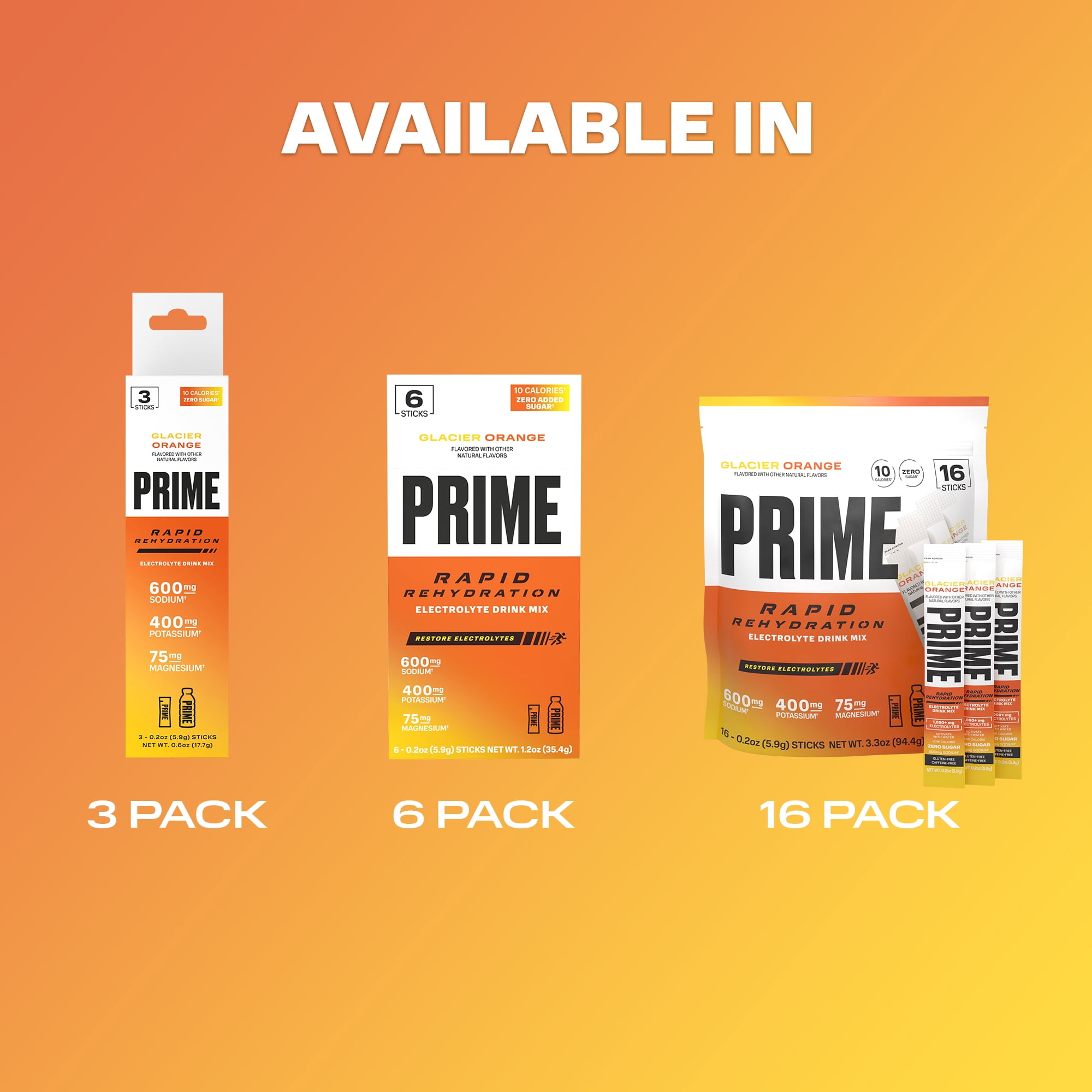 Prime Rapid Rehydration Sticks, Glacier Orange, 16ct, Bag