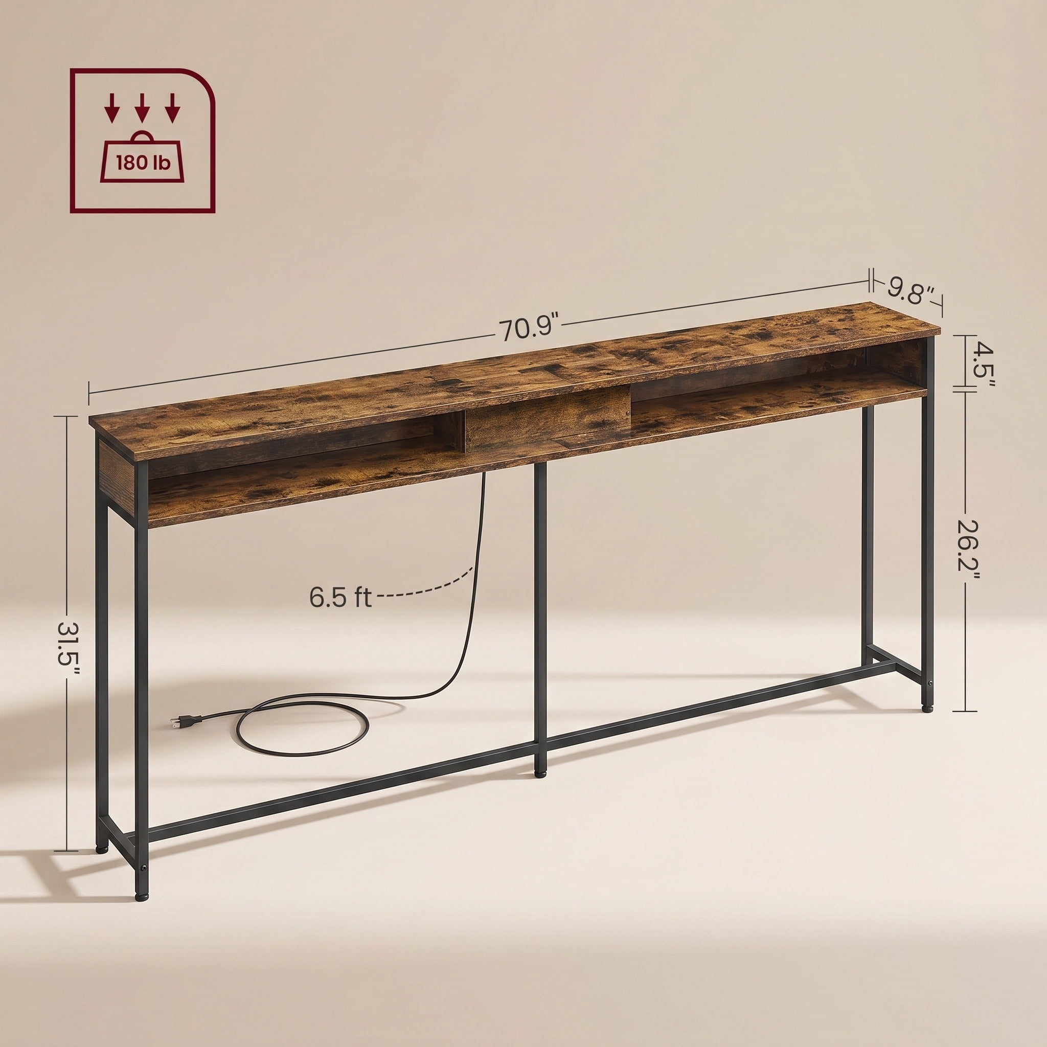 Nordic Hygge 70.9 in. Console Table with Built-In Charging Station, Brown & Ink Black
