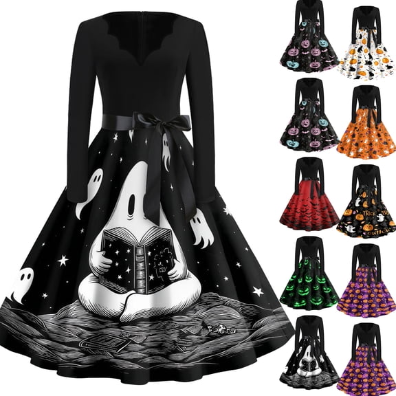 Halloween Dresses for Women Skeleton Witch Hat Long Sleeve 1950s Cocktail Funny Dresses V Neck Hepburn Retro Classic Dress with Belt S