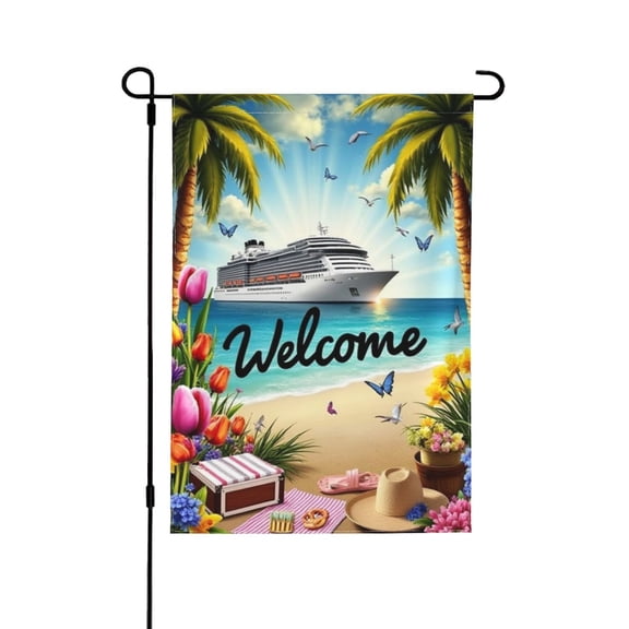 Cruise Ship Welcome Garden Flag 12x18 Inch Double Sided – Tropical Beach Palm Tree Summer Vacation Outdoor Yard Decoration