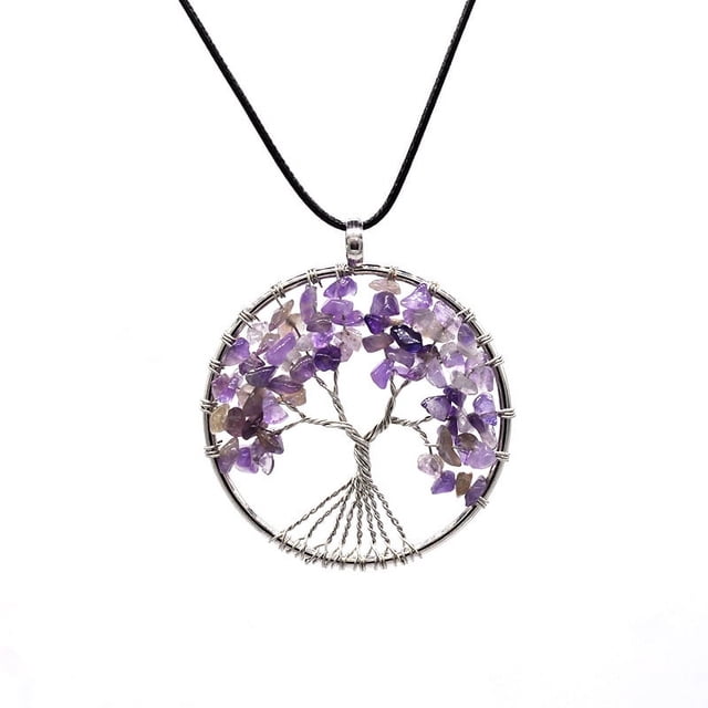 Granjero Gordo Collar con colgante de árbol de la vida, accesorios hechos a mano, collar de cristal de piedra natural (púrpura, cuerda de cuero)