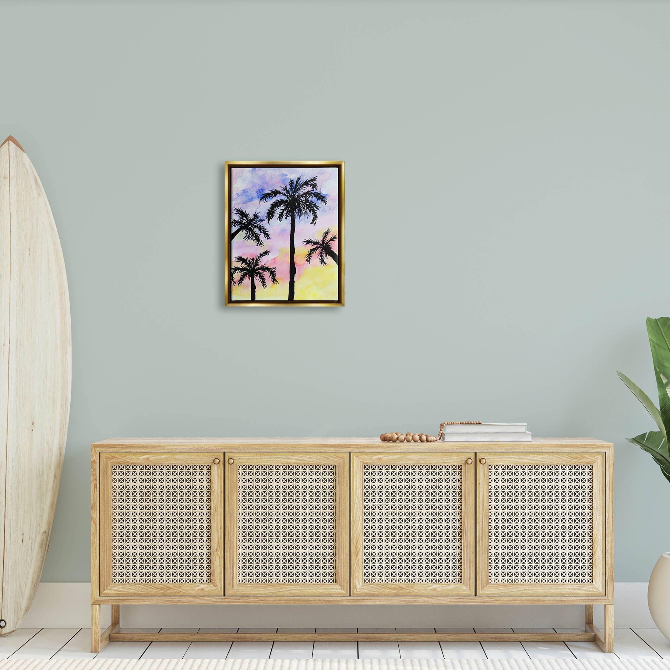 Palm Tree Silhouettes Sunset Sky Botanical & Floral Graphic Art Metallic Gold Framed Art Print Wall Art