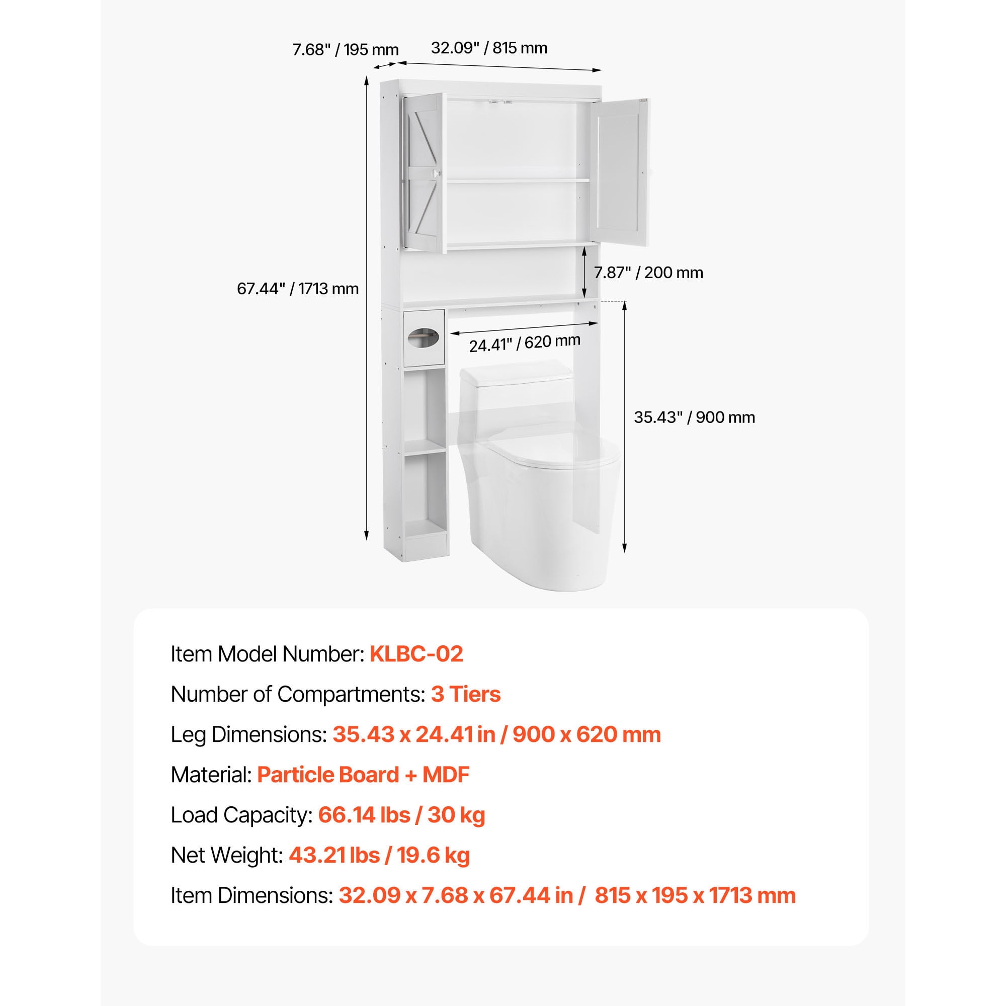 KFFKFF Over-The-Toilet Storage Cabinet, 67.44-Inch Tall Bathroom Organizer with Adjustable Shelf and Double Doors, Space-Saving Bathroom Storage with Open Shelf, White