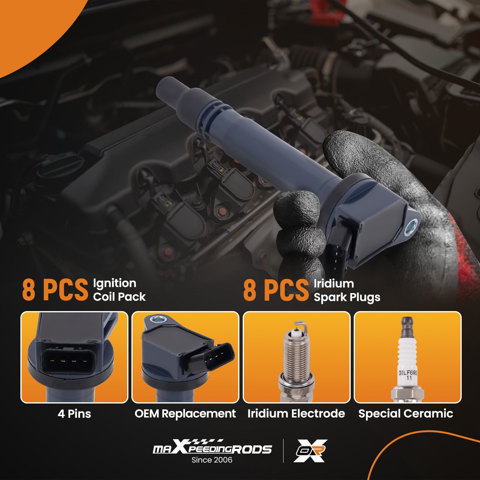 maXpeedingrods UF507 Set of 8 Ignition Coil and 8 Spark Plug Fit for Lexus GS300 GS350 GS450h IS250 IS300 IS350, Ignition Coil Kit Replaces UF630, 9091902250, 90919A2003