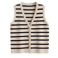 thumbnail image 3 of Women's Casual Sweater Vest Striped Button Down V Neck Sleeveless Cardigan Everyday Casual Knitted Tank Tops, Beige, L, 3 of 7