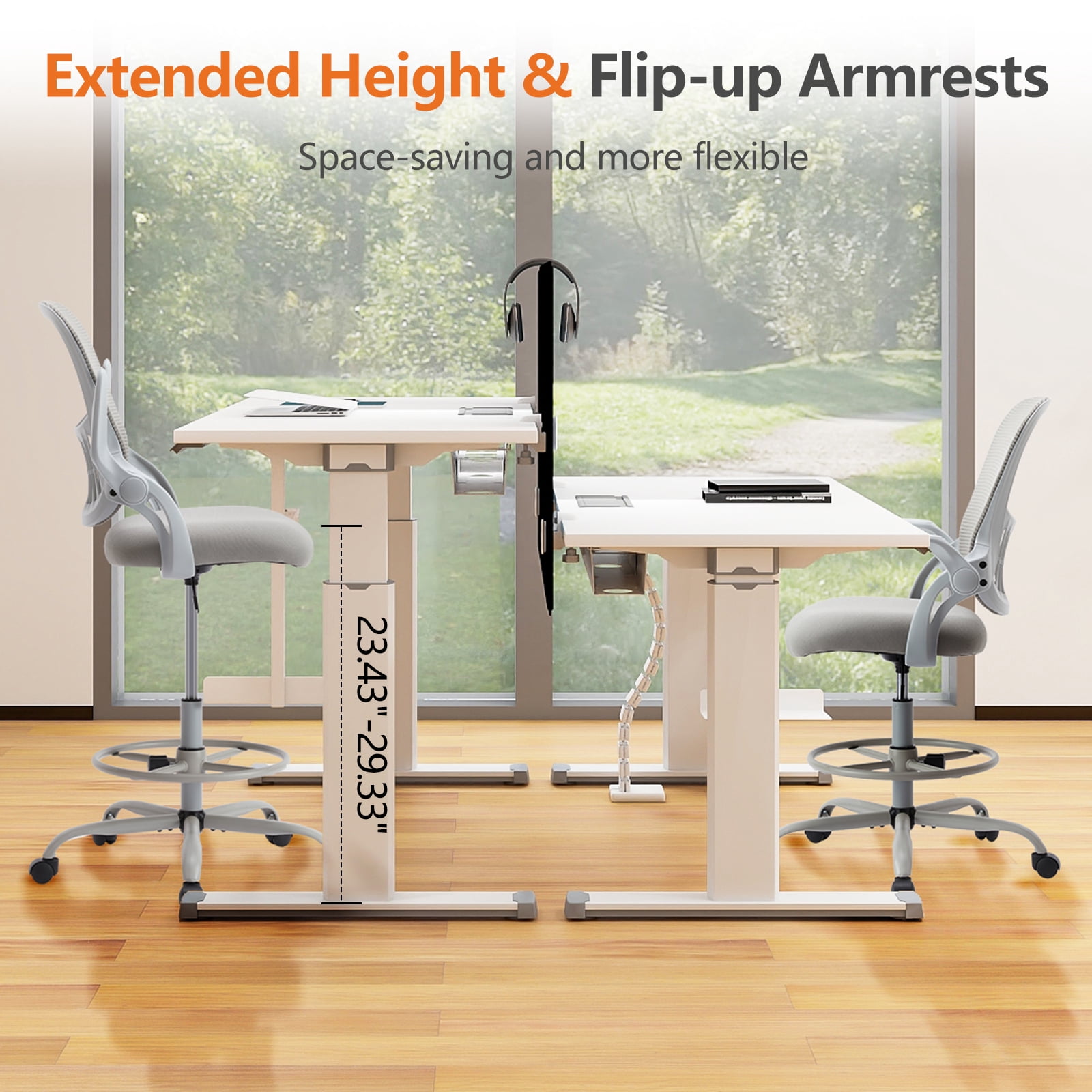 CONCETTA Ergonomic Desk Chair with Adjustable Foot Ring, Flip-up Armrests & Lumbar Support, Gray