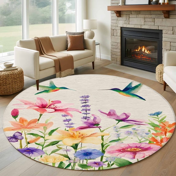 Round Rugs 5Ft, Botanical Flower Round Area Rug Washable Indoor Throw Carpet, Watercolor Floral Bird Butterfly Plant Soft Non Slip Circle Rug for Cabinet Bathroom Home Decor Aesthetic