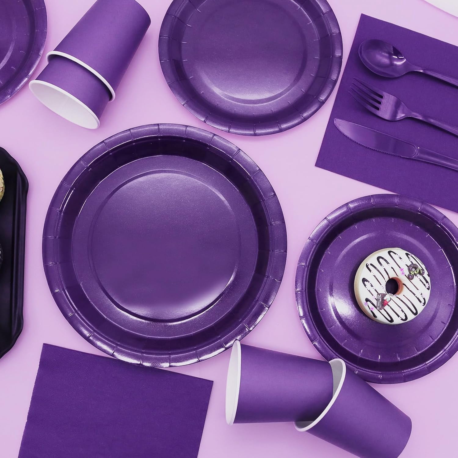 Purple Paper Plates Party Supplies, 168pcs Purple Plates and Cups and Napkins Set for Mardi Gras, Birthday, Halloween, Graduation Parties