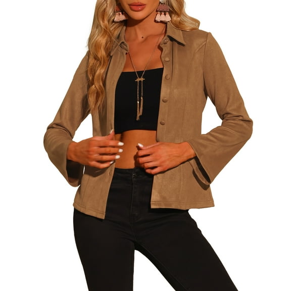 INSPIRE CHIC Women's Faux Suede Shirt Point Collar Casual Button Down Blouse