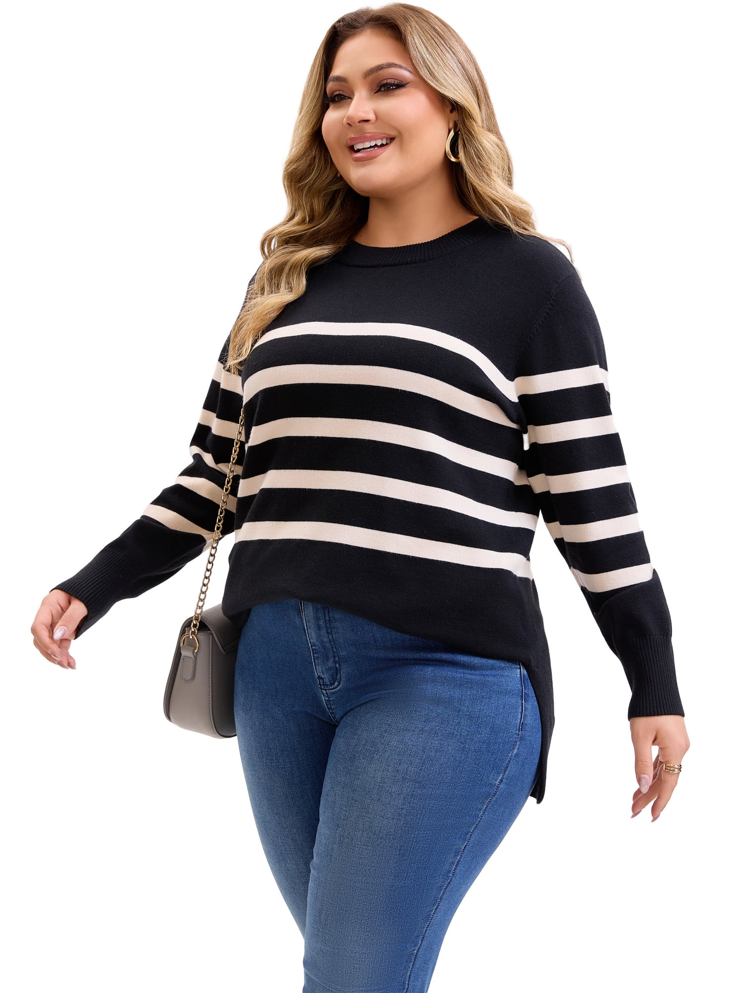 DARING DIVA Women's Plus Striped Long Sleeve Crewneck Pullover Sweater 1X Black
