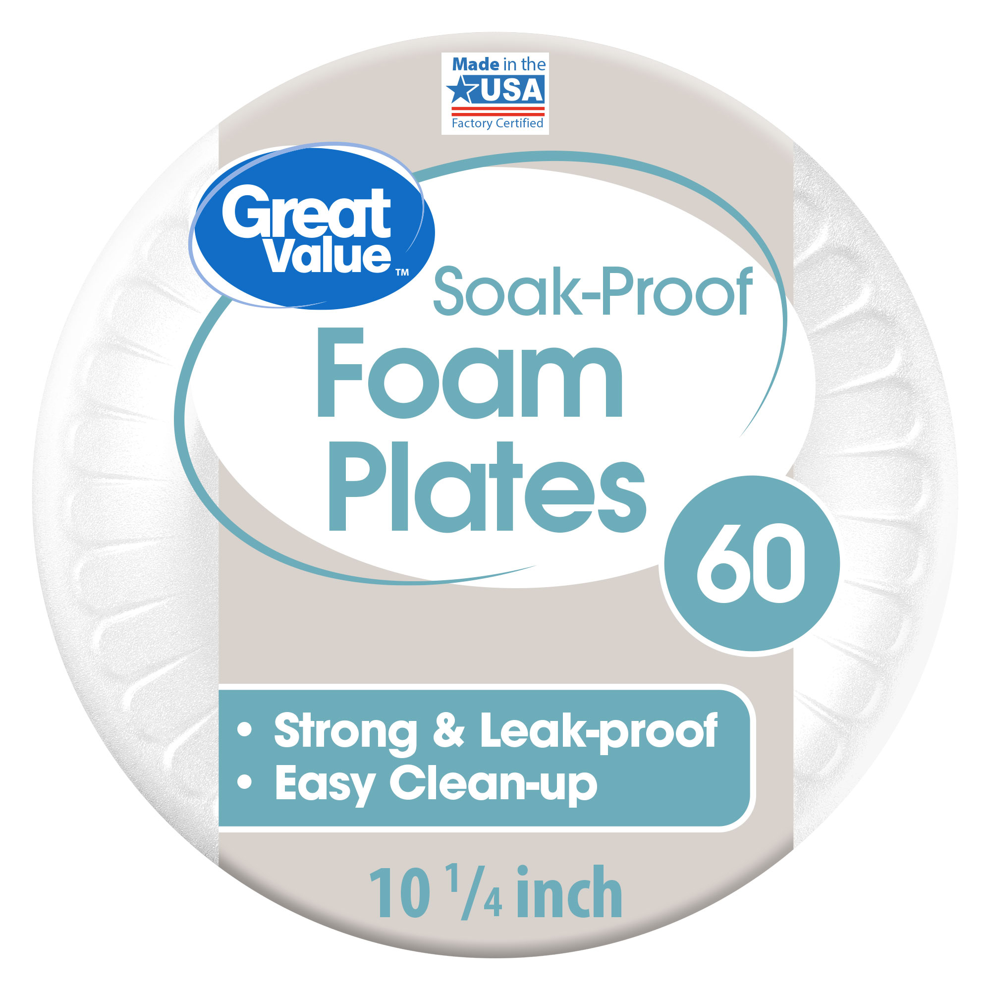 Great Value™ SoakProof 10.25 in. Foam Plates 60 ct Pack