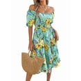 thumbnail image 2 of Women's Off Shoulder Floral Smocked Midi Flowy Long Dresses Dress for Beach Summer Green S, 2 of 10