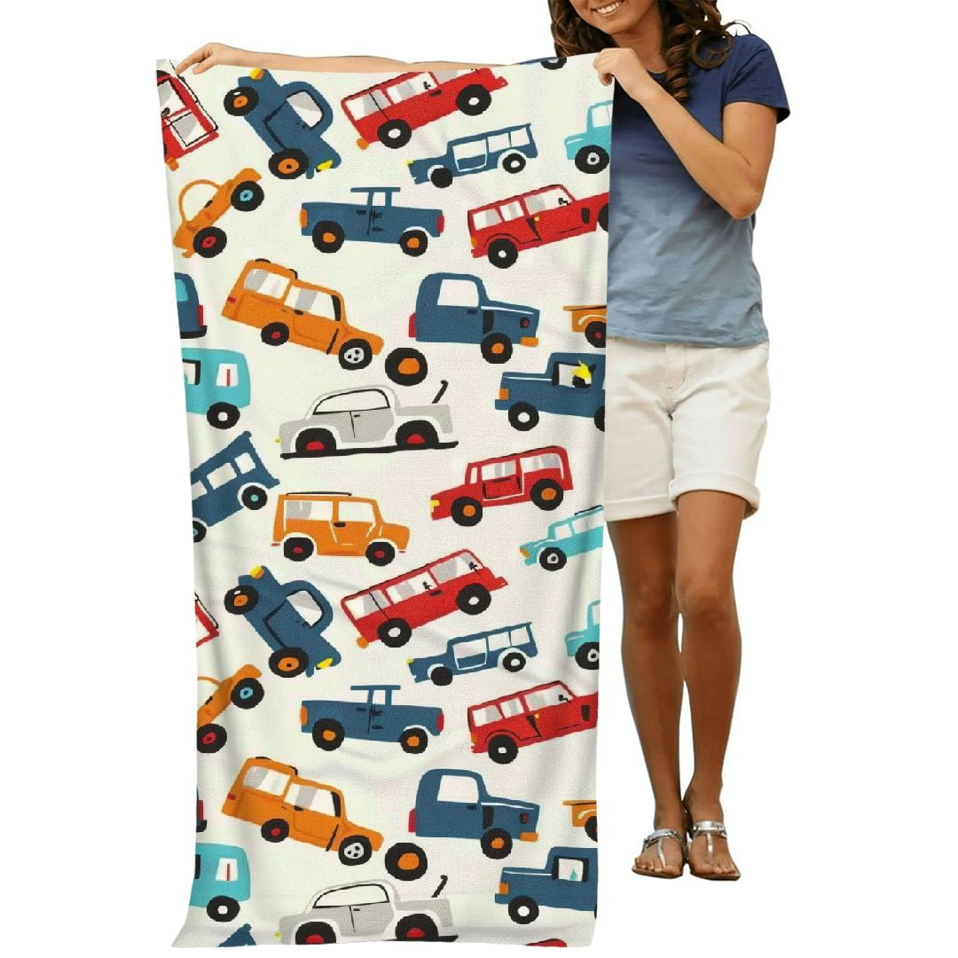 PHYHOO Beach Towel Car Pattern Theme Sand-Free Microfiber Towel Ultra Soft Quick Large Size Dry Pool Towel Absorbent Towel Lightweight Towel for Kids Boys Girls Outdoor Bathroom Swim 30x60in