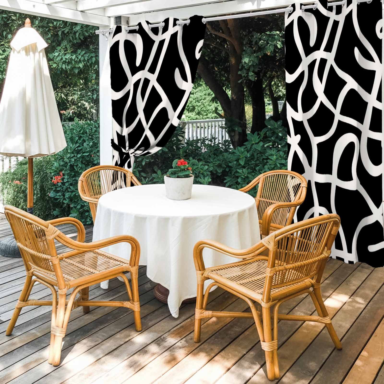 Abstract Line Outdoor Curtains for Patio, Retro White Wave Line Art Black Minimalist Sunshade Privacy Drapes Grommet Waterproof Outside Curtains for Porch/Cabana/Balcony 54"x 108", 1 Panel