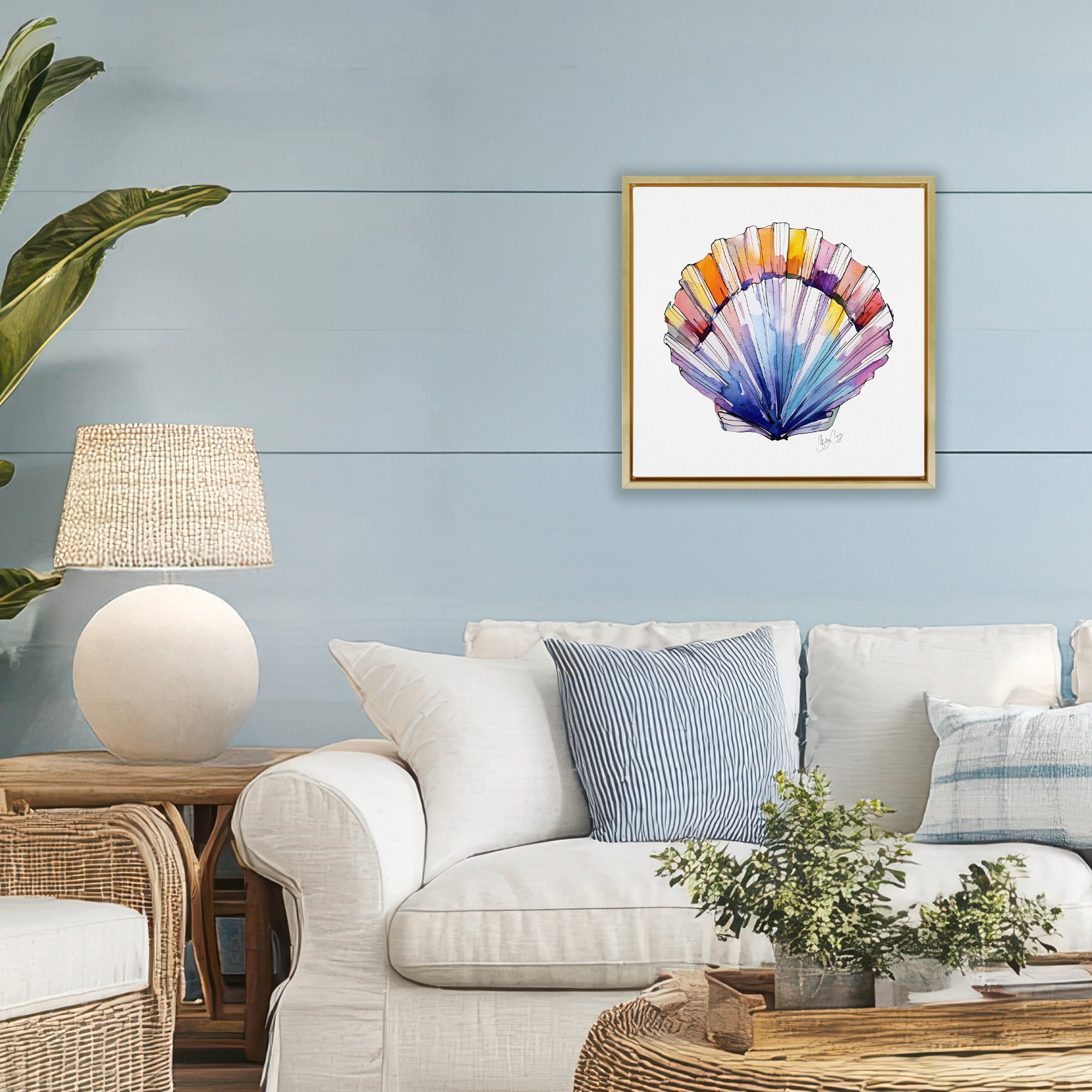 Stupell Industries Coastal Scallop Watercolor Gold Framed Floater Canvas Wall Art, design by Shelly Craig