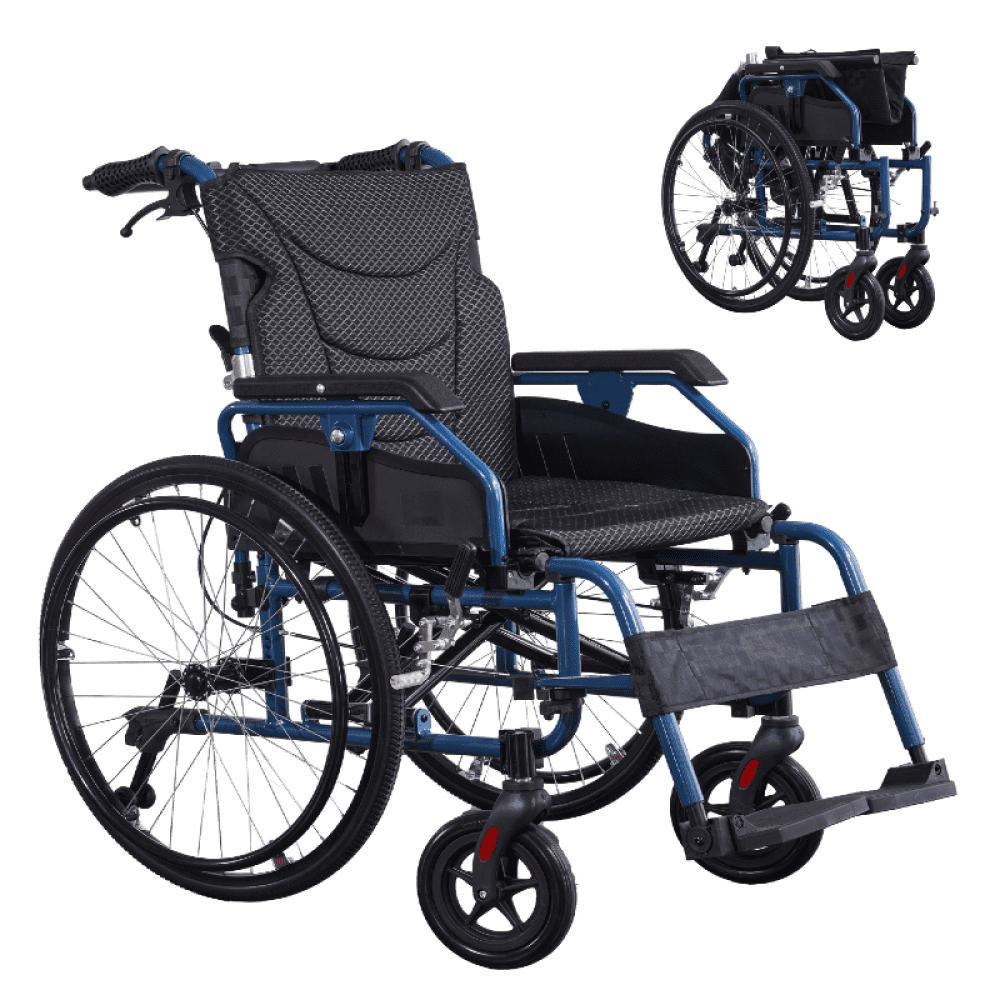 Aluminum Multifunctional Manual Wheelchair, 275 lbs Capacity, Quick-Release Wheels, Foldable with Adjustable Armrests, Blue