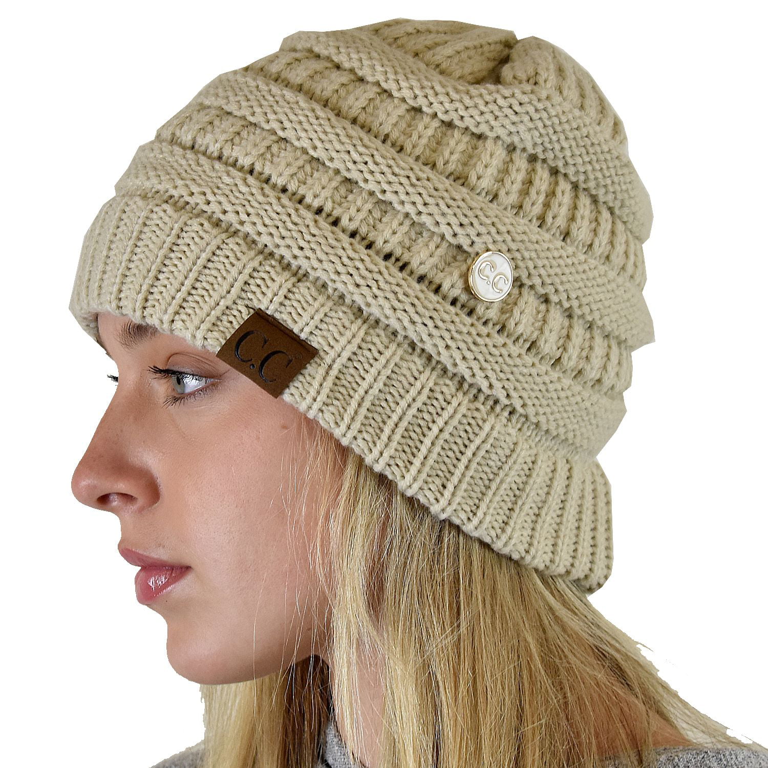 C.C Soft Stretch Cable Knit Side Epoxy Button for Mask Beanie Skully, Beige
