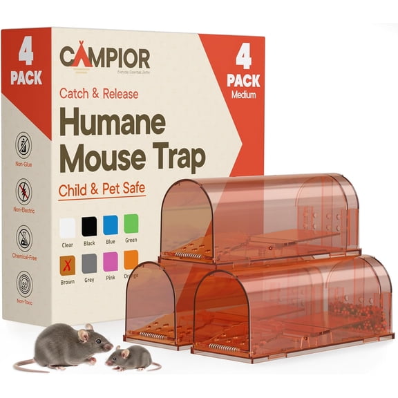 Campior Humane Mouse Trap Pack of 4, Live Catch & Release, Indoor/Outdoor, Pet & Child Safe, Reusable Plastic Cage, Brown