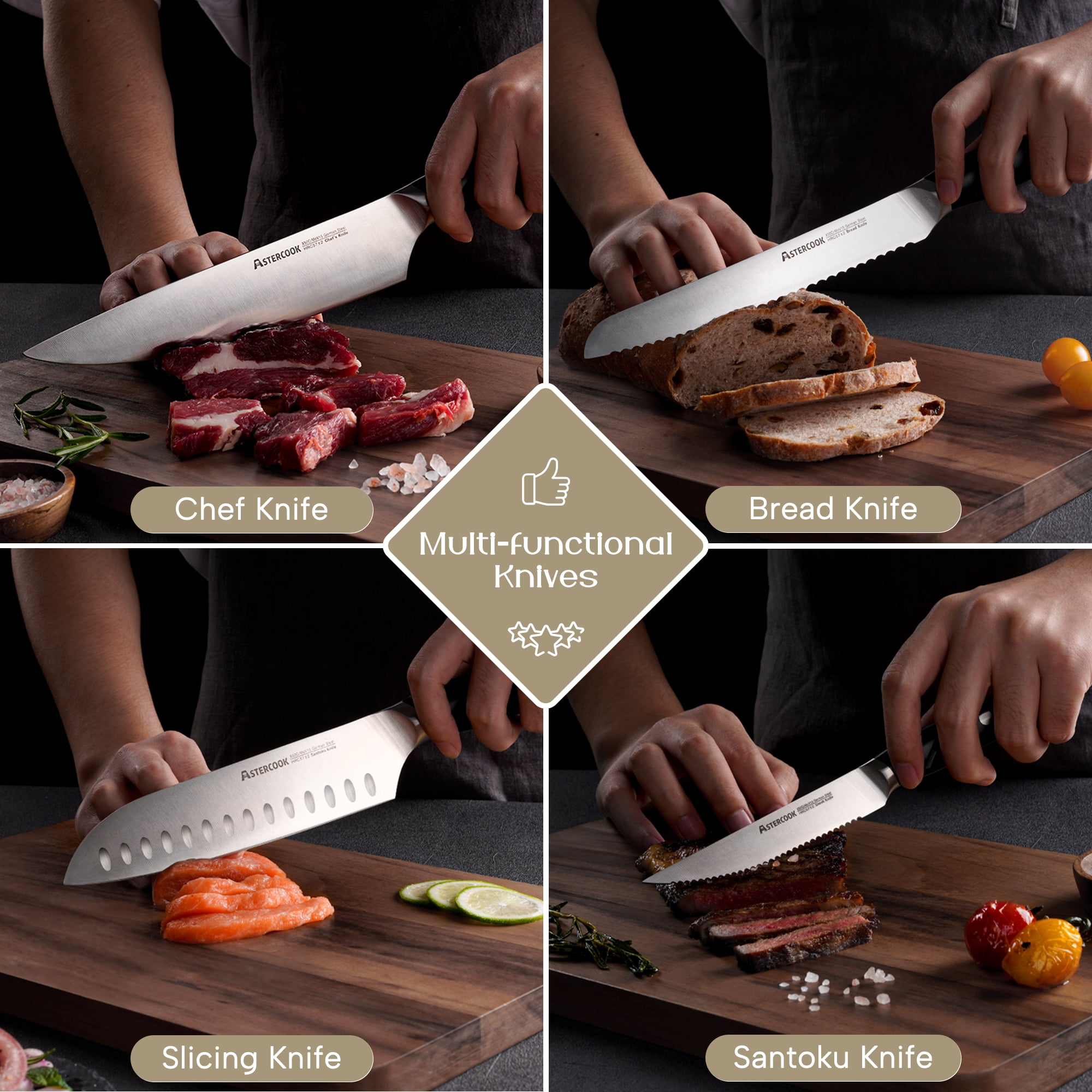 Astercook 14-Piece Kitchen Knife Set with Block & Bulid-in Sharpener, German 1.4116 Stainless Steel Knife Block Set, Full Tang Knives Sets, Anti-slip Ergonomic Handle & Dishwasher Safe Black