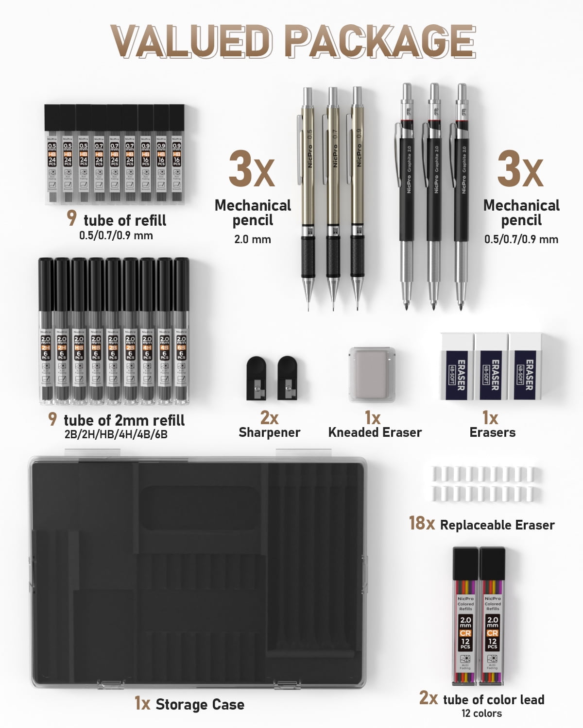 Nicpro 6 Pcs Metal Mechanical Pencils, Drafting Pencil 0.5 mm & 0.7 mm & 0.9 mm & 3 Pcs 2mm Lead Holder (6B 4B 2B HB 2H 4H Colors) with 20 Tube Lead Refills Case