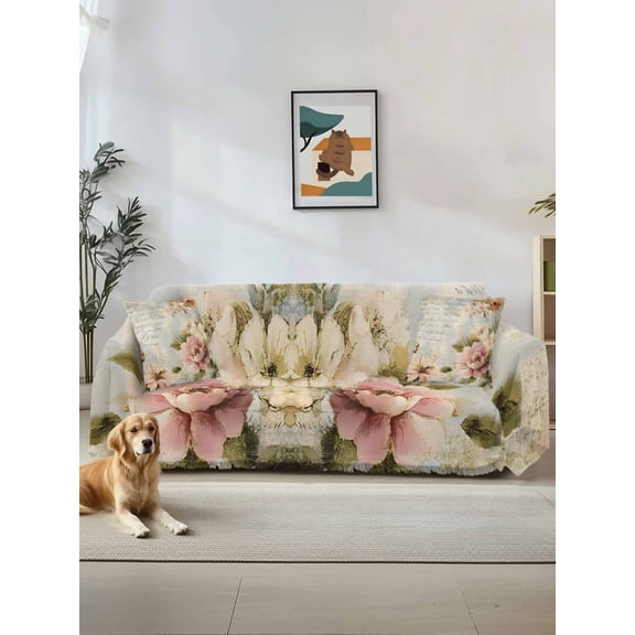 Farmhouse Pink Floral Couch Cover for 2 Cushion Sofa, Spring Vintage Botanical Flowers Washable Loveseat Sofa Covers Slipcover for Sectional Sofas L-Shaped, Couch Throw Cover 71"x118"