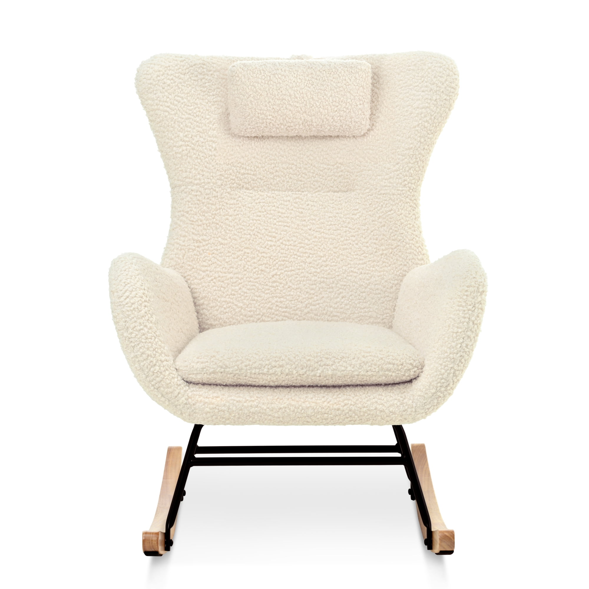 New Rocking Chair Nursery, Teddy Upholstered Rocker Glider Chair with High Backrest, Adjustable Headrest & Pocket, Comfy Glider Chair for Nursery, Bedroom, Living Room, Offices, Rubber wood, beige