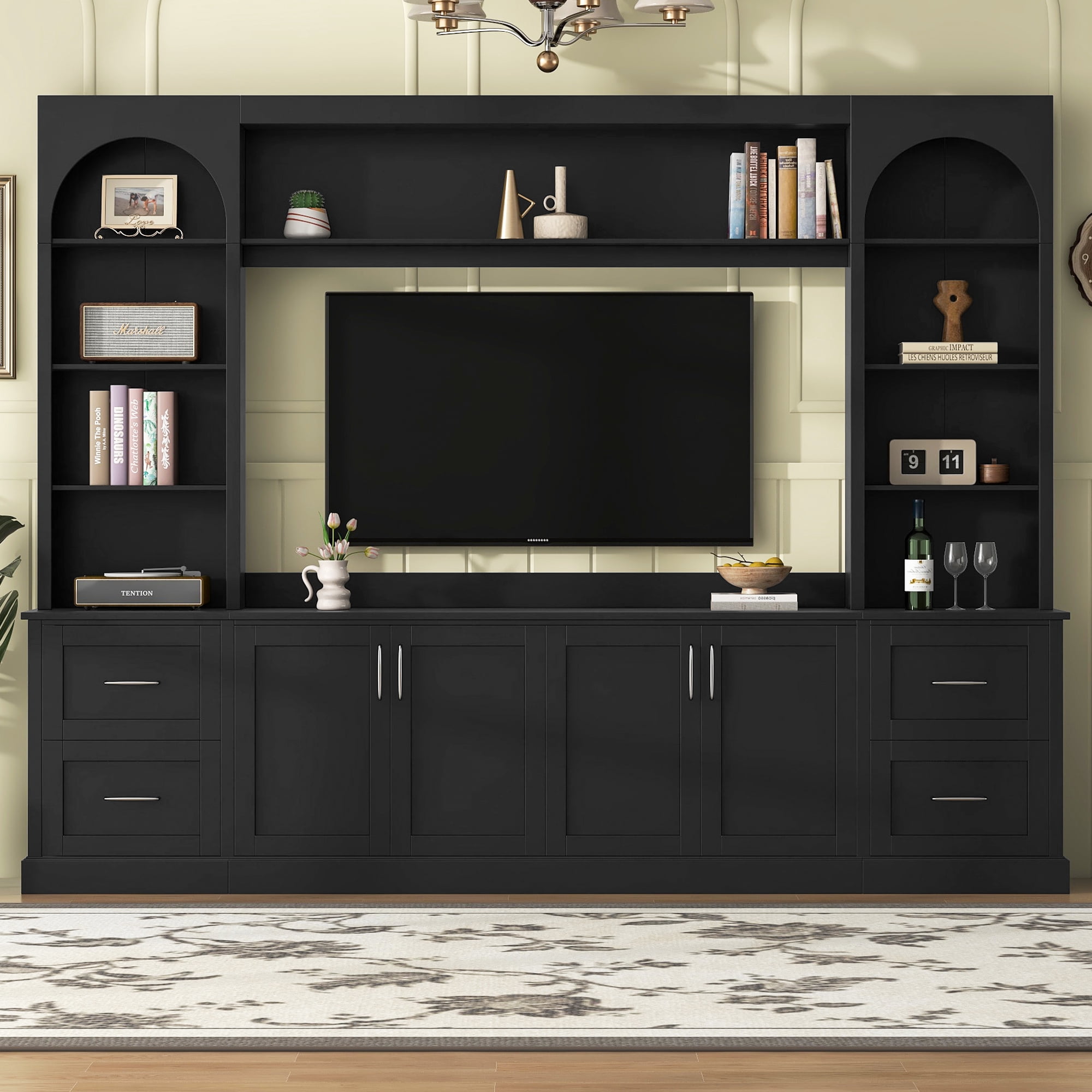 4 Piece Wall Unit TV Stand for TVs up to 65", Modern Entertainment Center with Bookshelf, Wine Cabinet, Display Storage, Multifunctional All-in-One TV Console Table for Living Room,Black