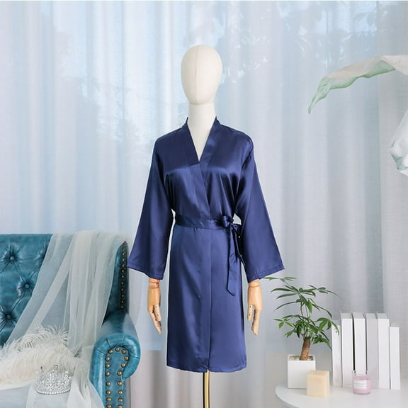 Fanxing Womens Satin Robe Silk Robes Belted Short Bathrobe Bride Bridesmaid Wedding Silky Bridal Nightgown Loungewear Navy L