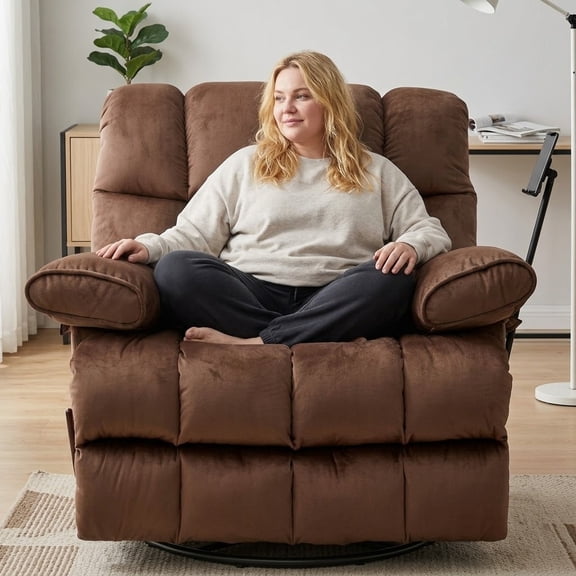 360° Swivel Big and Tall Manual Recliner Chair for Adults, Oversized Recliner for 400LBS, 360° Swivel Velvet Recliner for Living Room Brown