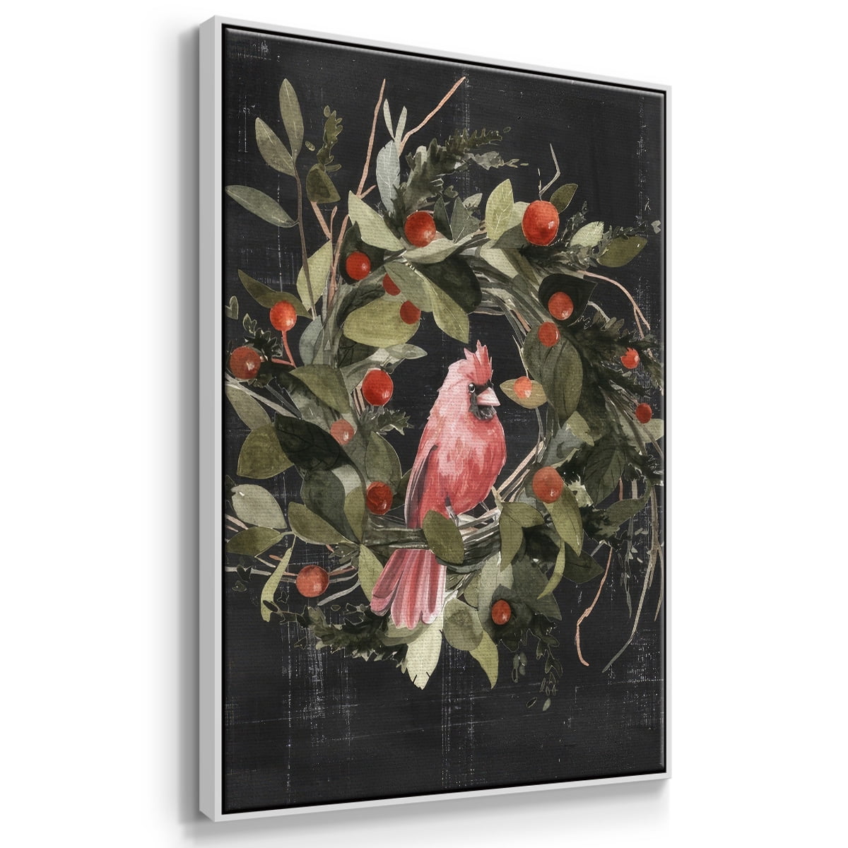 Christmas Cardinal II - Framed Gallery Wrapped Holiday Canvas - 27 x 41 - White Frame