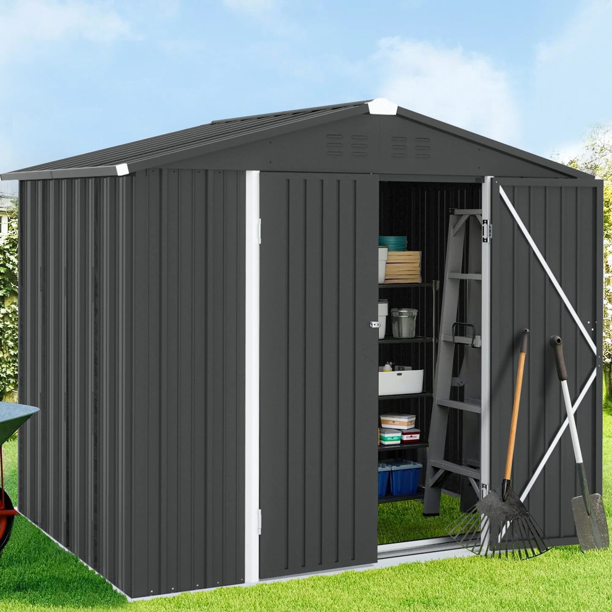 8' x 6' Outdoor Metal Storage Shed, Tools Storage Shed, Galvanized Steel Garden Shed with Adjustable Shelves and Lockable Doors, Outdoor Storage Shed for Backyard, Patio, Lawn, D9182