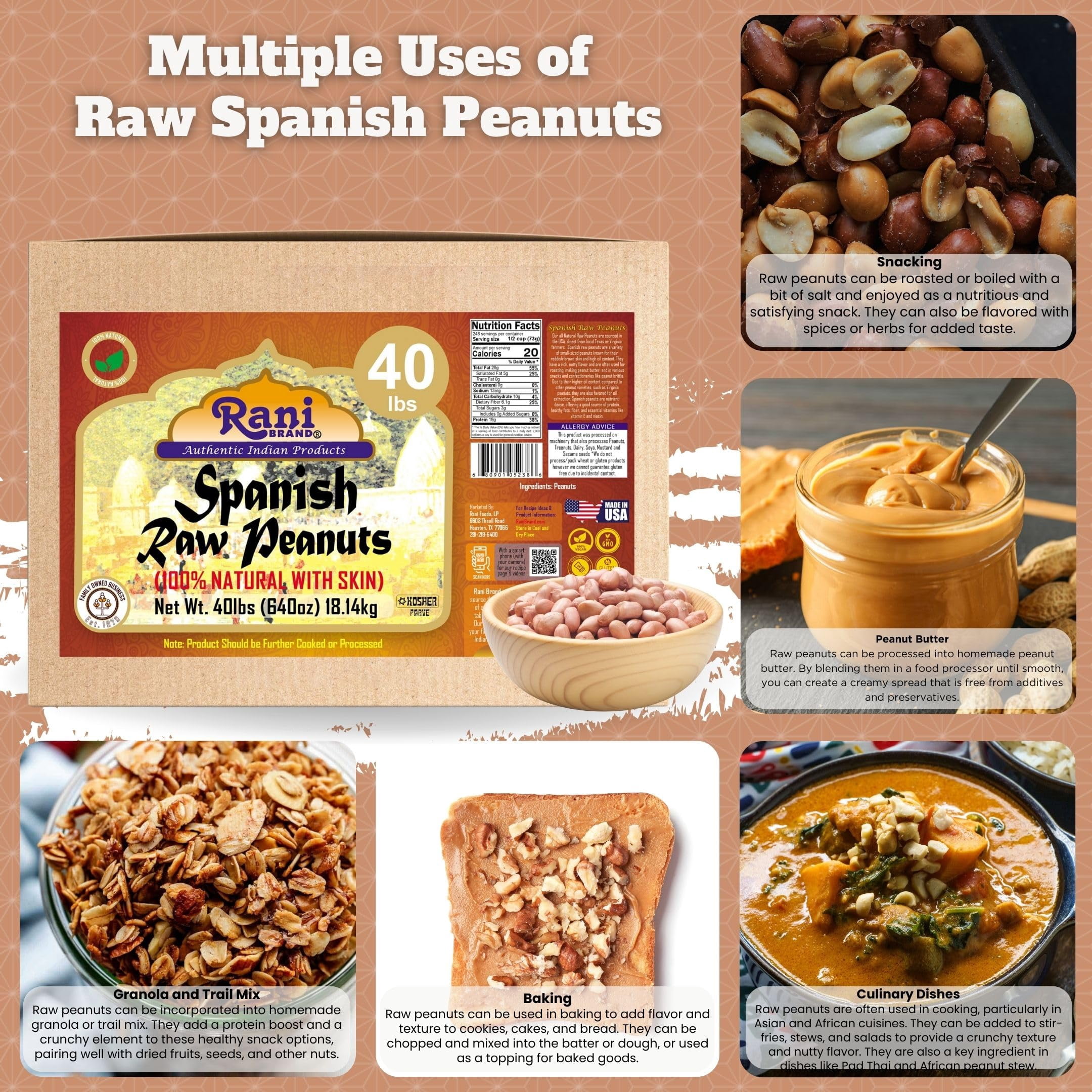 Rani Raw Spanish Peanuts 100% Natural with Skin (uncooked, unsalted) 40lbs (640oz) 18.14kg Bulk Box ~ Vegan | Gluten Friendly | Kosher | Red-brown Skin