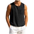 thumbnail image 5 of Men's Solid Color Distressed Frayed Edge Crew Neck Sleeveless Cotton Linen Tank Top, Casual Beach Vacation Vest with Side Pocket, Breathable Lightweight for Summer Black XXXL, 5 of 7